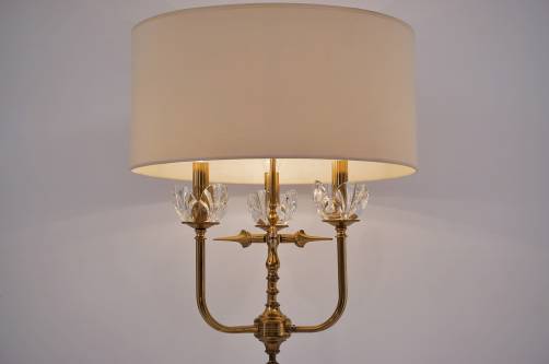 Maison Charles floor lamp, brass & `Lalique-style` crystal iris flowers , 1940`s ca, French